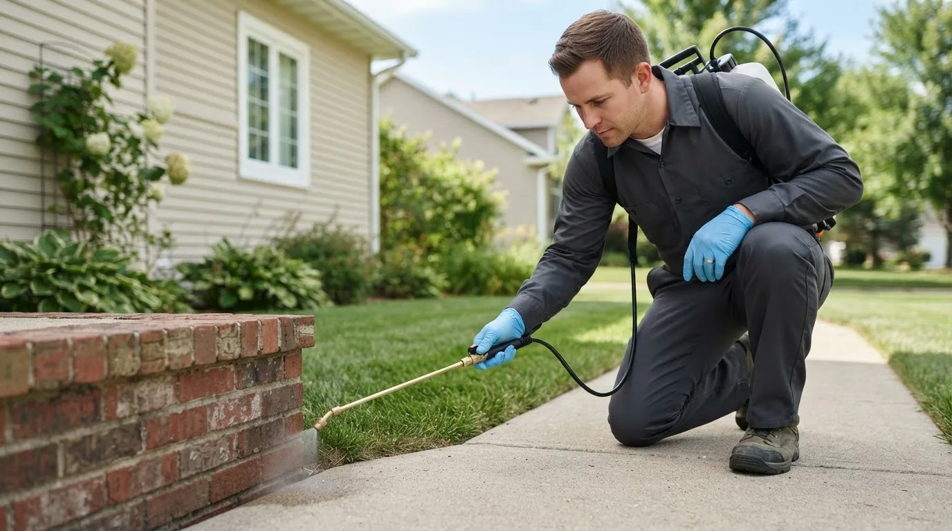 Pest control technician treating a home near Stow, NY