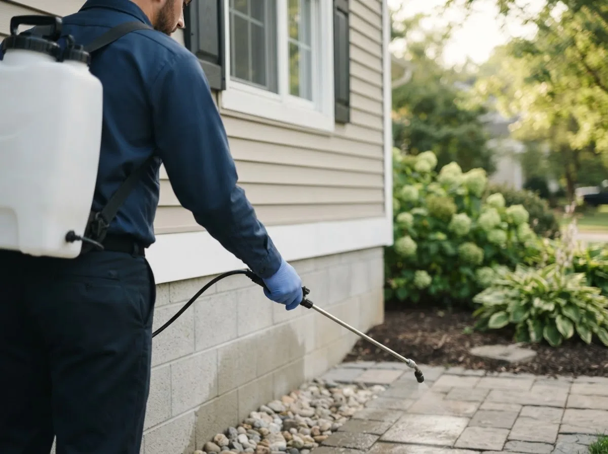 Pest control technician inspecting a home in Stow, NY
